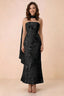 Front studio view of Carey black strapless floral applique maxi dress with a matching scarf