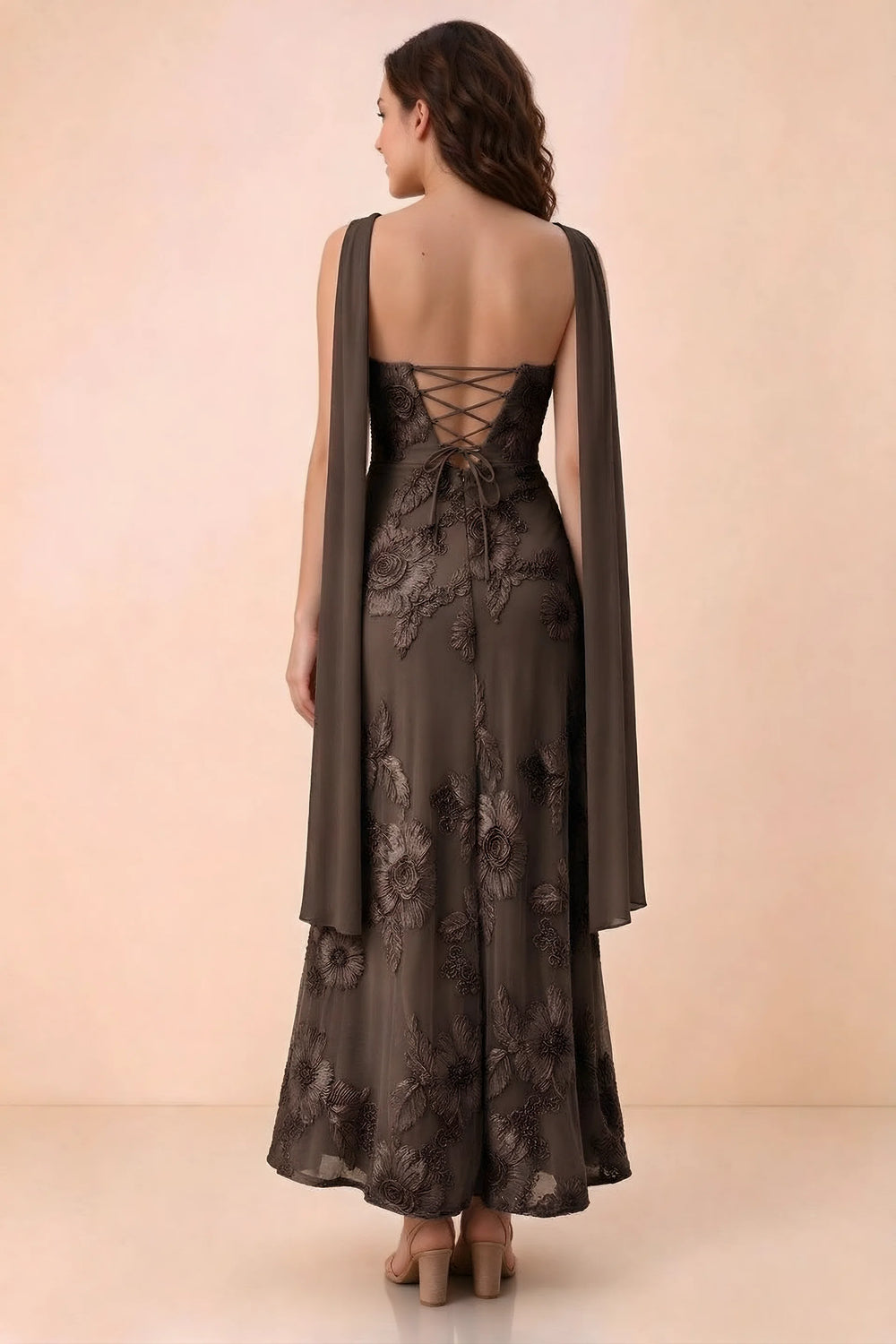 Translation missing: en.Rear studio view of Carey chocolate dress showing crossed back lacing and scarf ends draped over the shoulders content.product_image_secondary