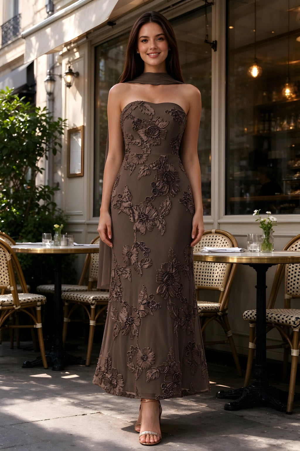 Outdoor front view of Carey chocolate floral dress and matching scarf outside a cafe