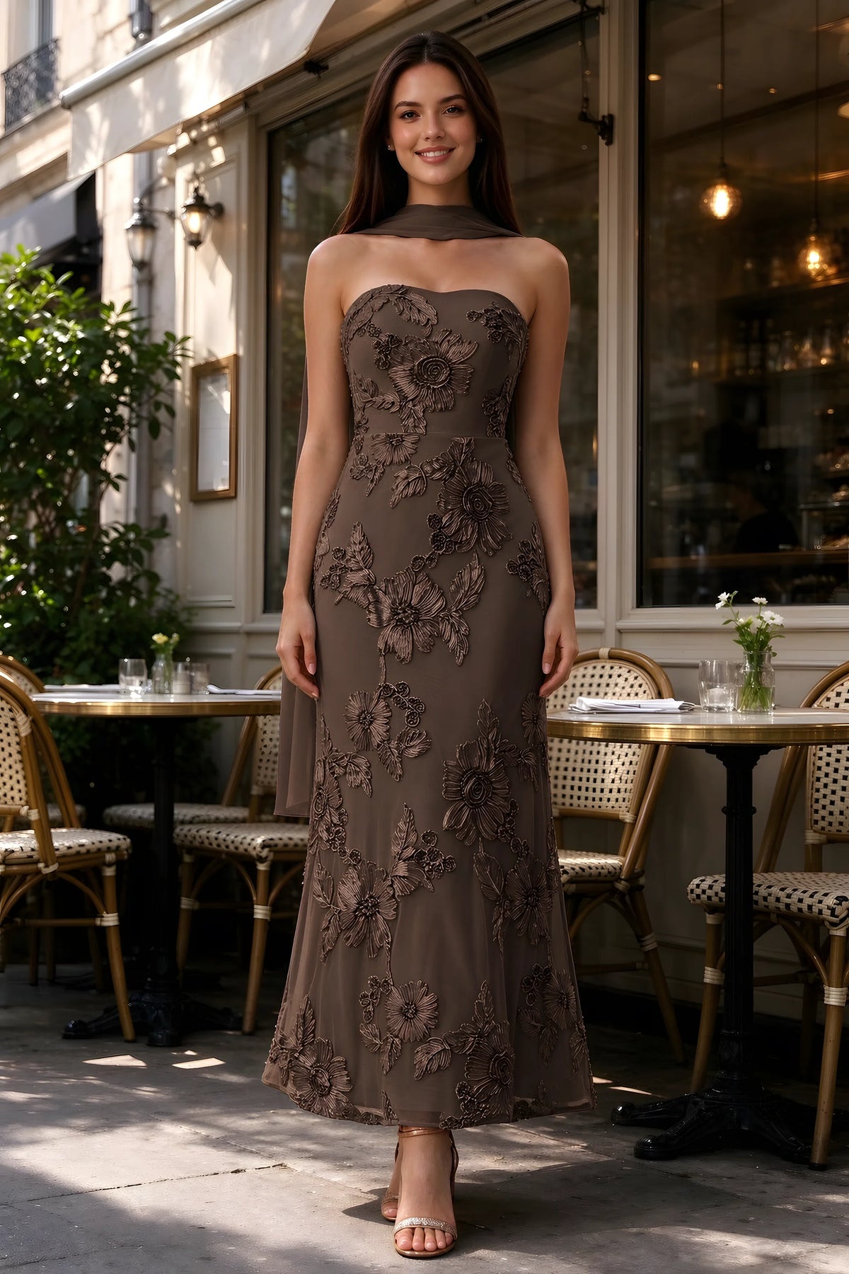Outdoor front view of Carey chocolate floral dress and matching scarf outside a cafe