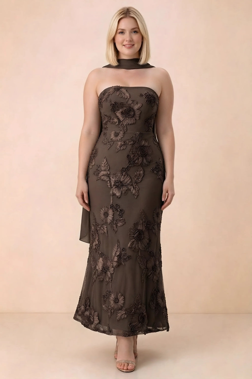 Front studio view of Carey chocolate floral maxi dress with the scarf wrapped around the neck