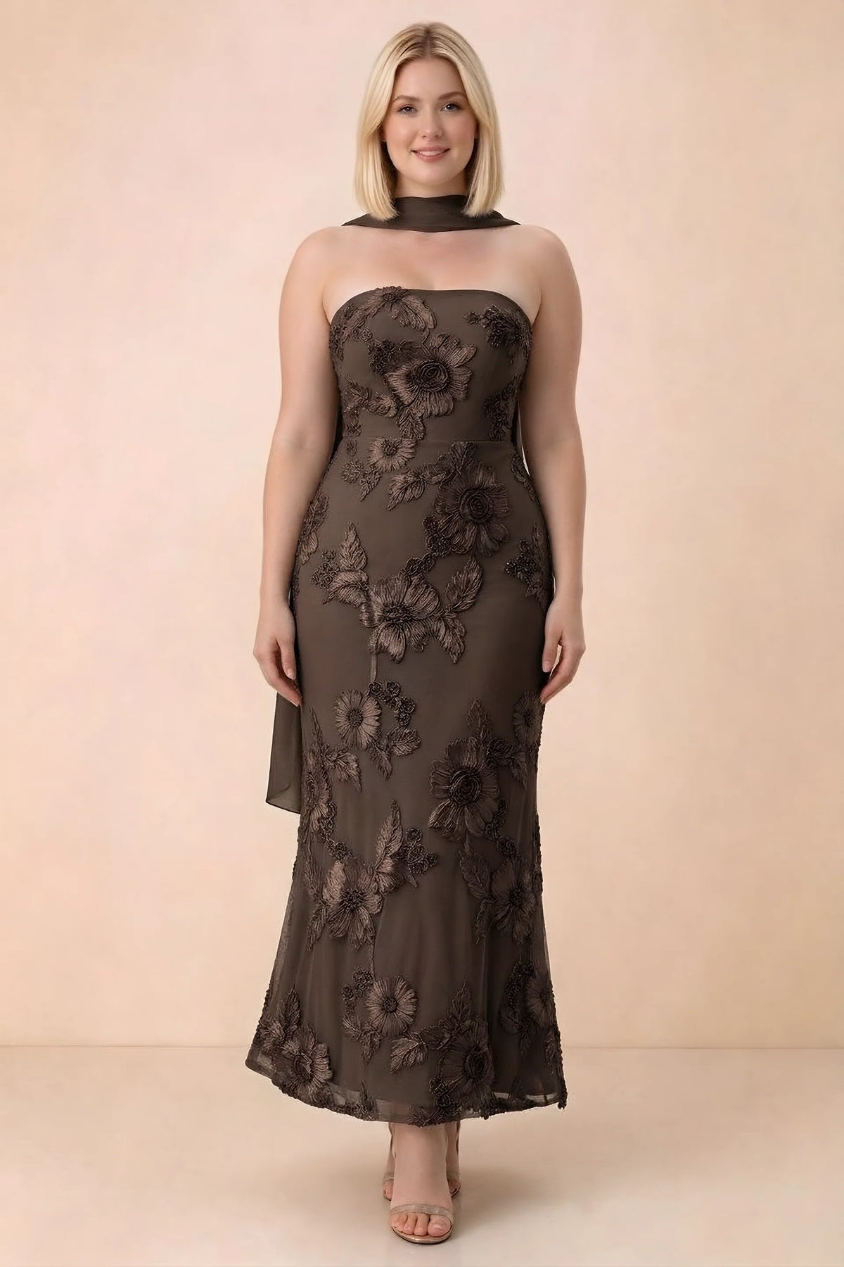 Front studio view of Carey chocolate floral maxi dress with the scarf wrapped around the neck