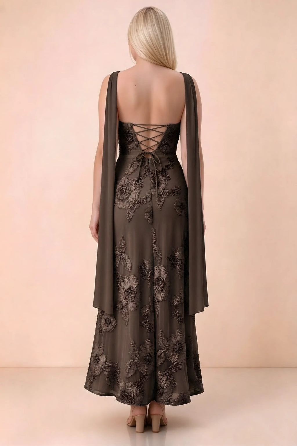 Rear studio view of Carey chocolate dress showing the gently flared ankle-length skirt