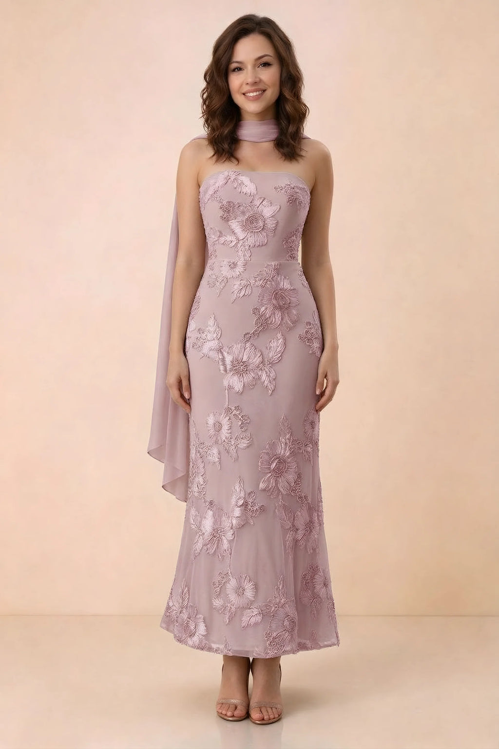Front studio view of Carey dusty lilac strapless floral applique maxi dress with a matching scarf