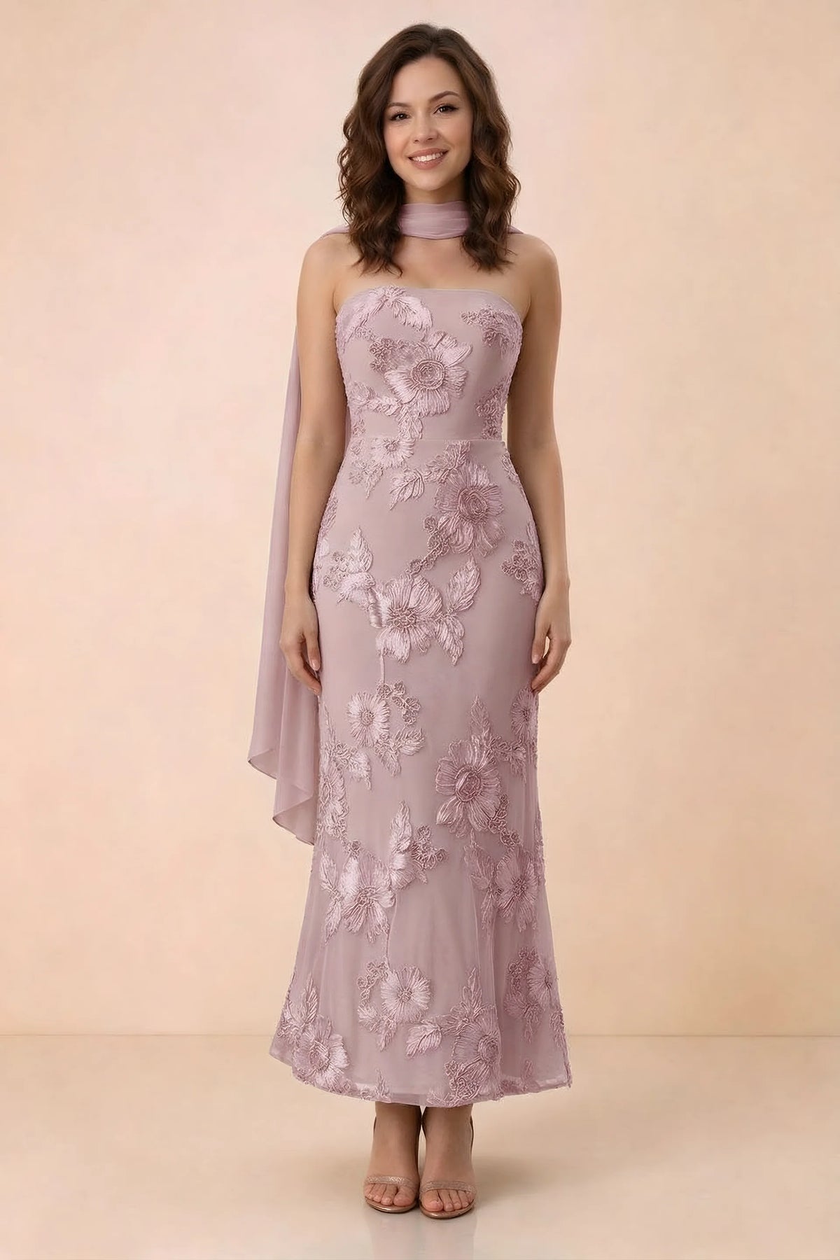 Front studio view of Carey dusty lilac strapless floral applique maxi dress with a matching scarf