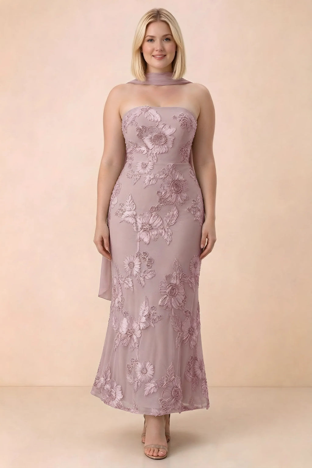 Front studio view of Carey dusty lilac floral maxi dress with the scarf wrapped around the neck