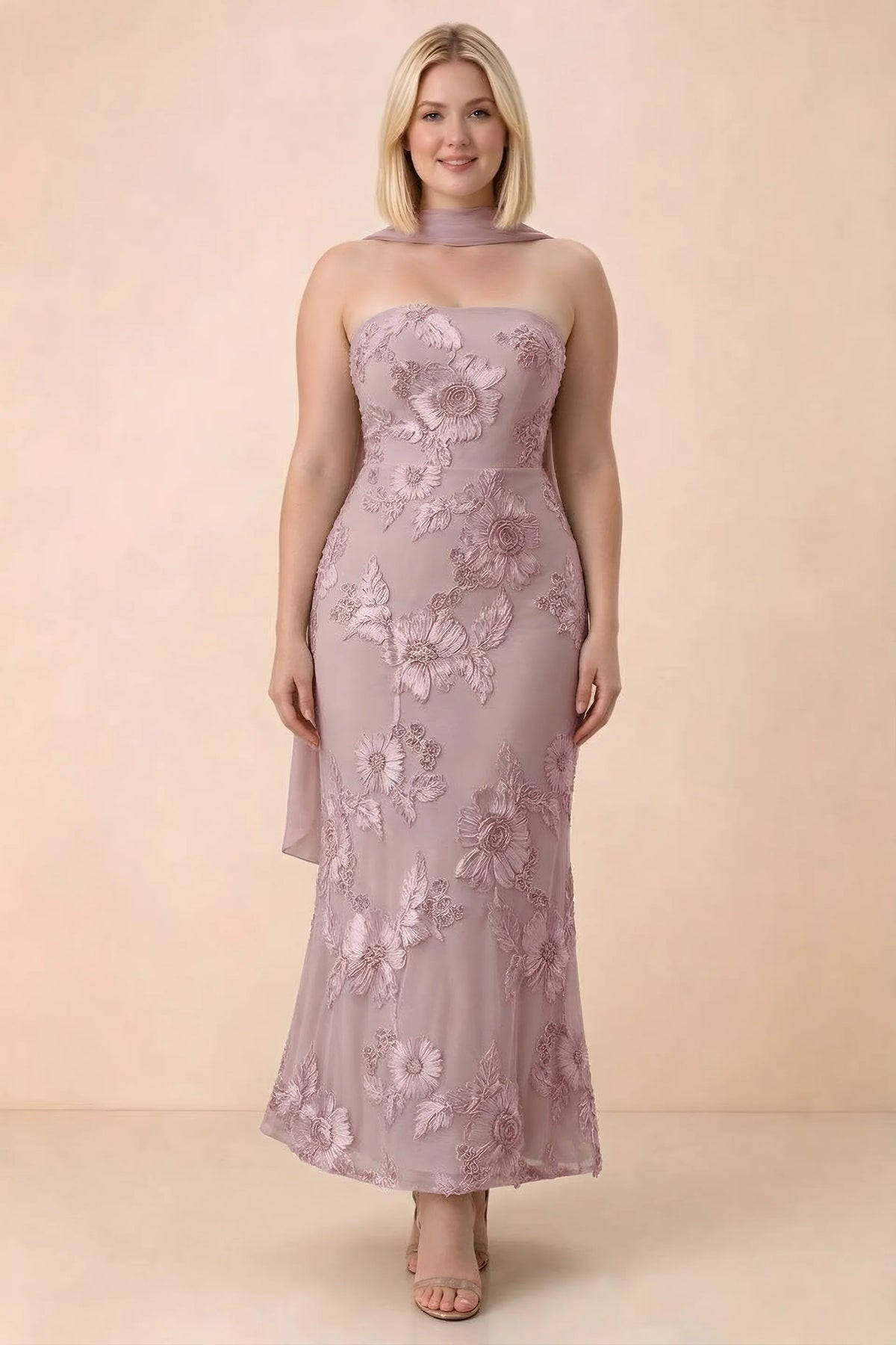 Front studio view of Carey dusty lilac floral maxi dress with the scarf wrapped around the neck