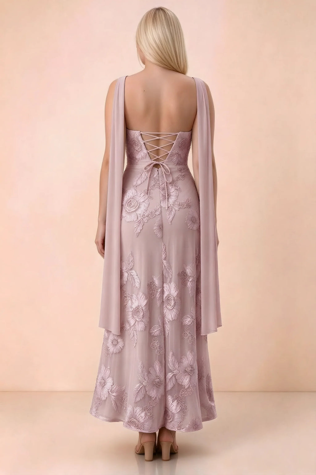 Rear studio view of Carey dusty lilac dress showing the gently flared ankle-length skirt