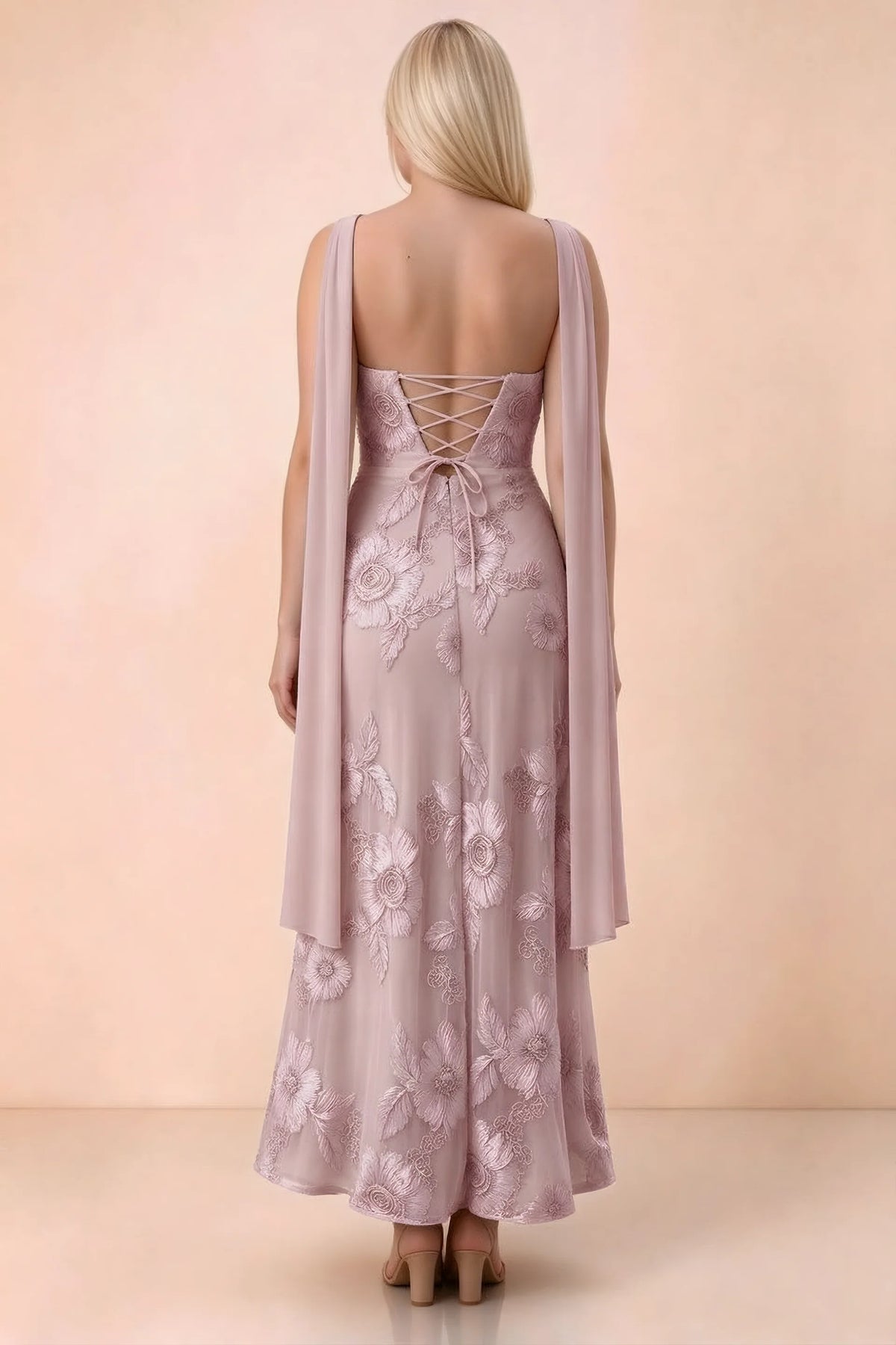 Rear studio view of Carey dusty lilac dress showing the gently flared ankle-length skirt