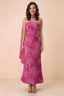 Front studio view of Carey fuchsia strapless floral applique maxi dress with a matching scarf