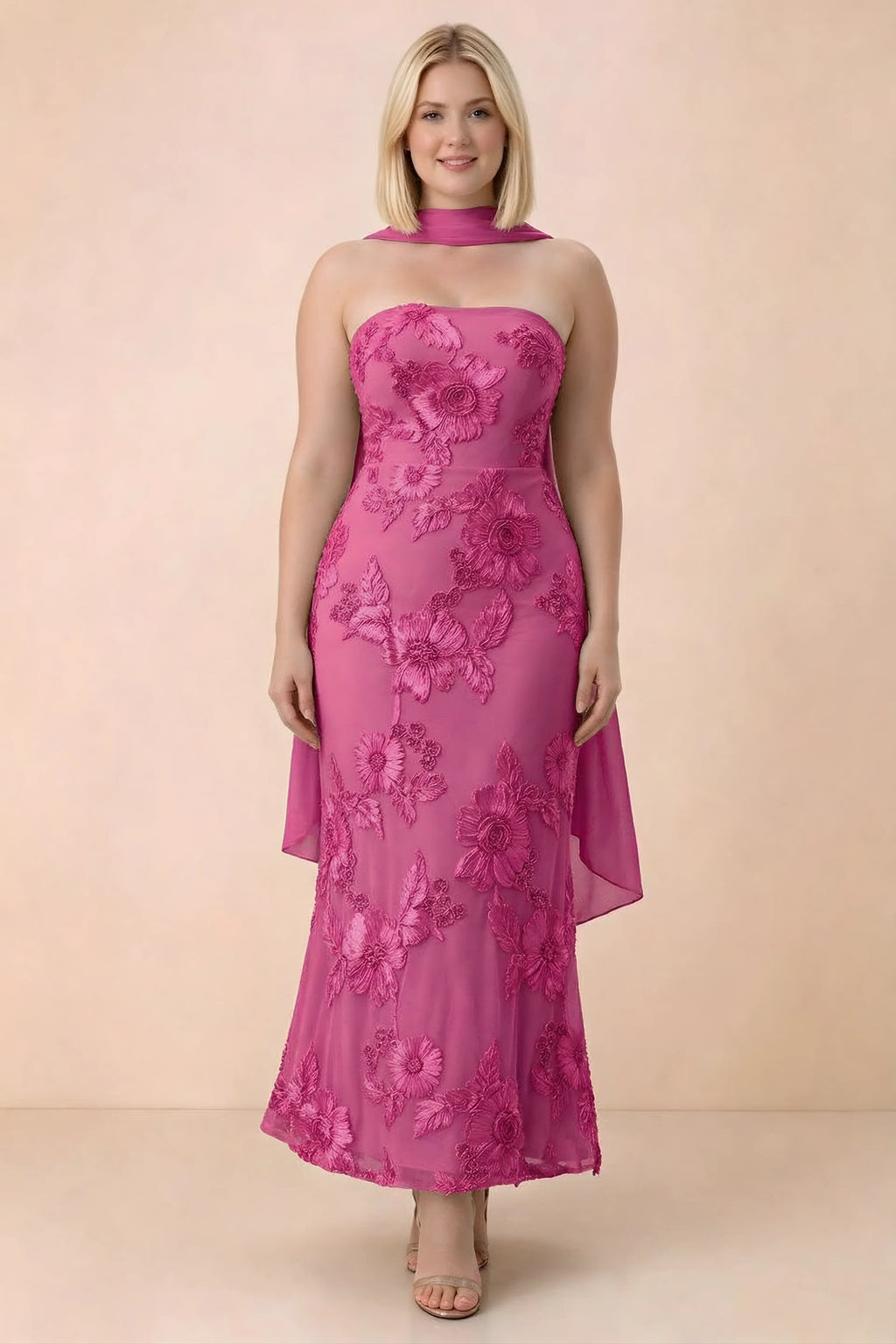 Front studio view of Carey fuchsia floral maxi dress with the scarf wrapped around the neck
