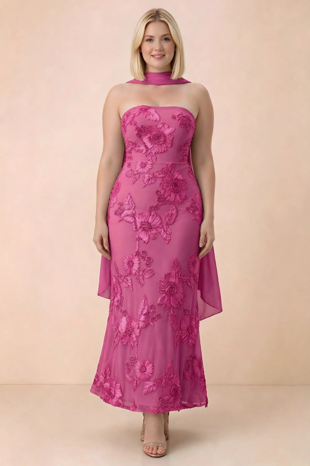 Front studio view of Carey fuchsia floral maxi dress with the scarf wrapped around the neck