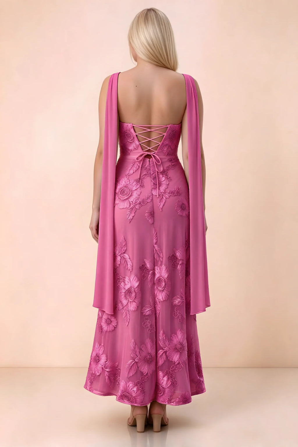 Rear studio view of Carey fuchsia dress showing the gently flared ankle-length skirt