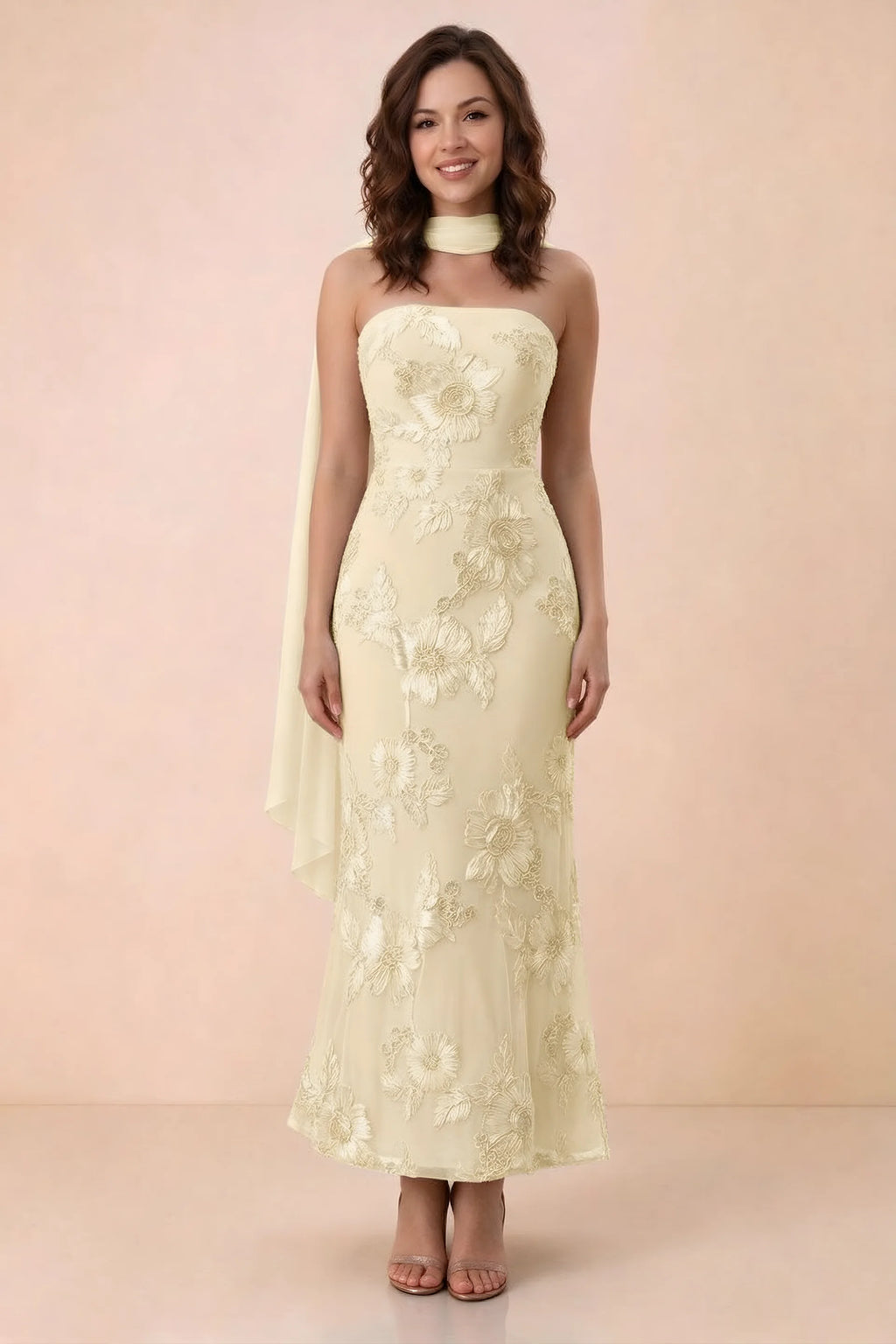 Front studio view of Carey lemon strapless floral applique maxi dress with a matching scarf