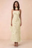 Front studio view of Carey lemon strapless floral applique maxi dress with a matching scarf