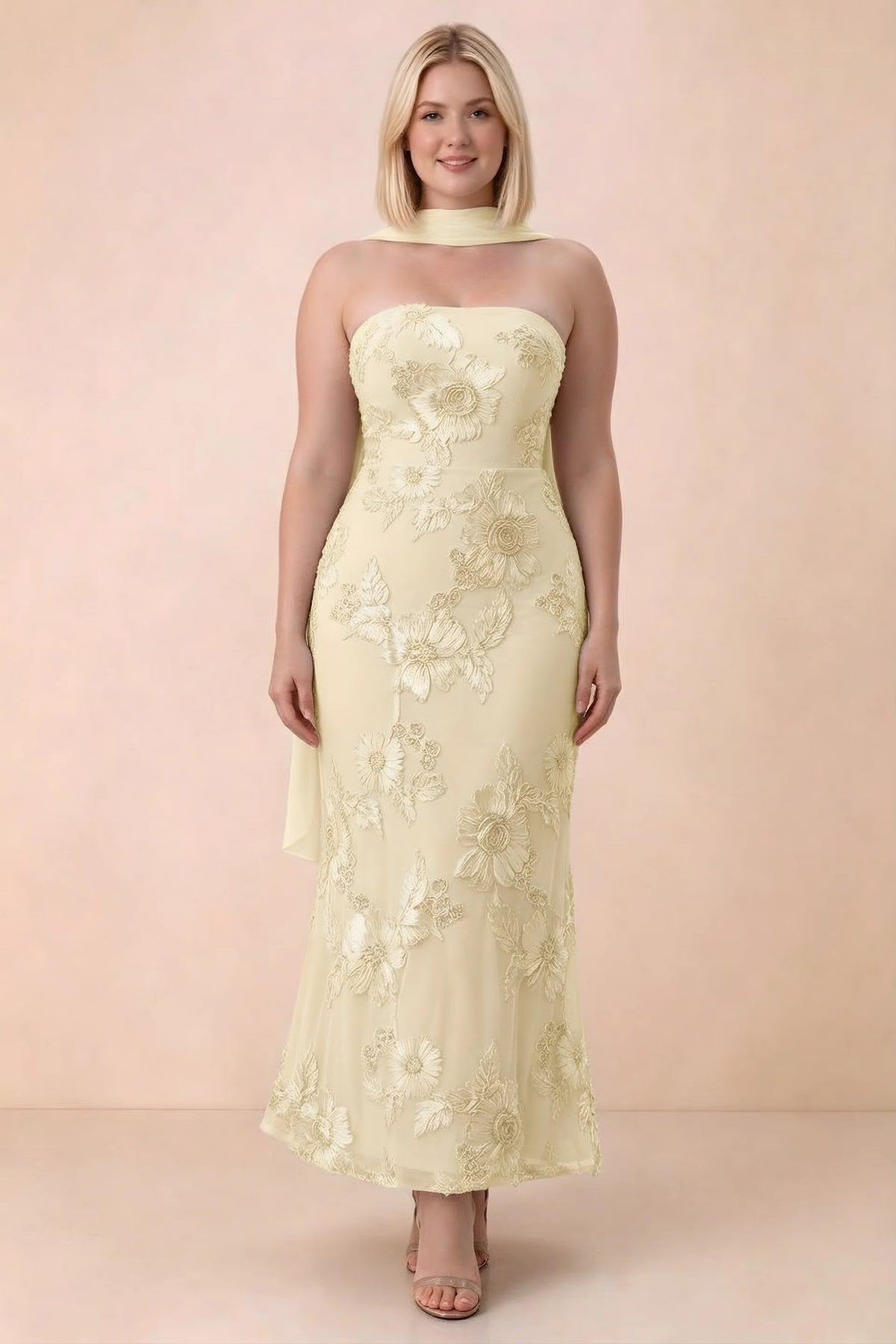 Front studio view of Carey lemon floral maxi dress with the scarf wrapped around the neck