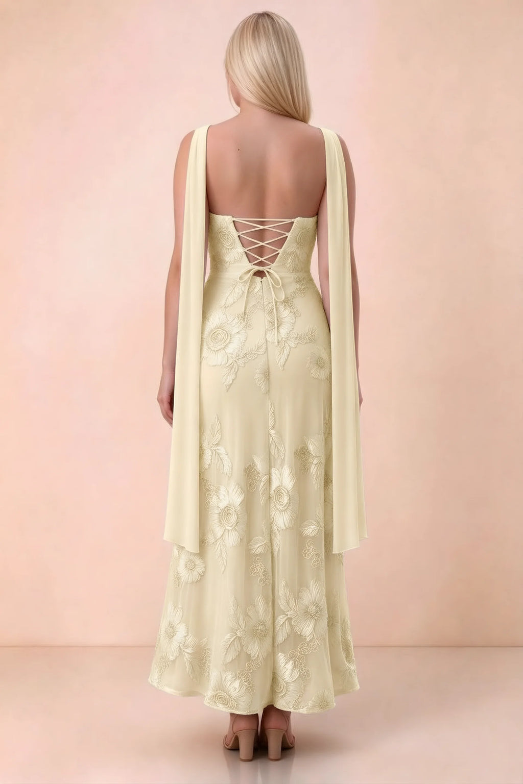 Rear studio view of Carey lemon dress showing the gently flared ankle-length skirt