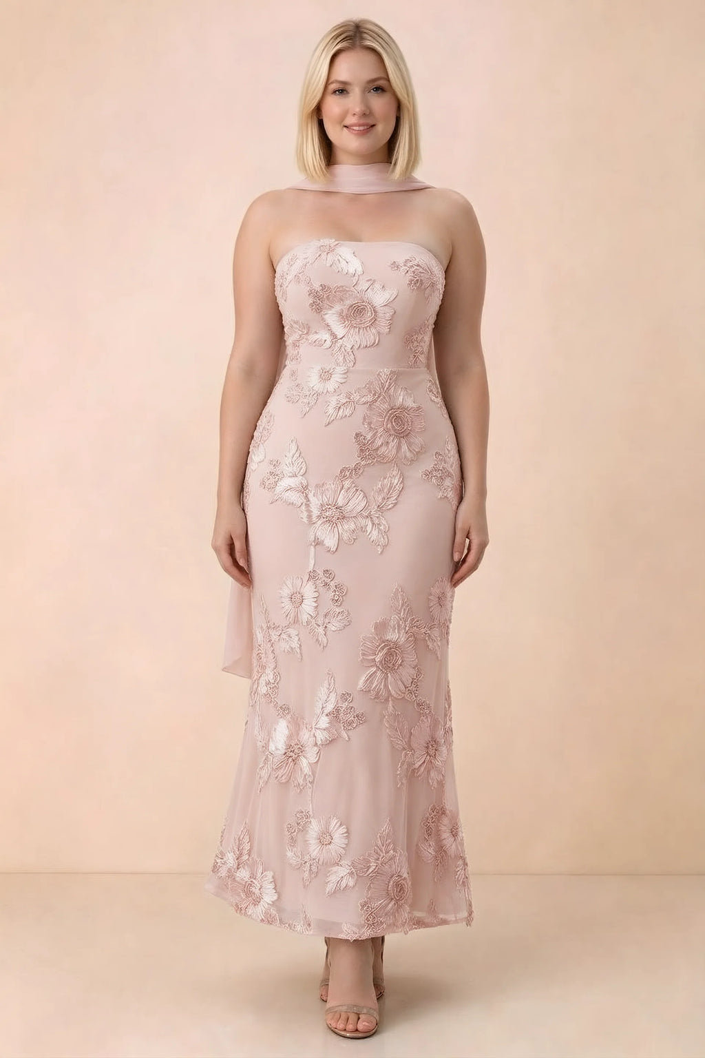 Front studio view of Carey light pink floral maxi dress with the scarf wrapped around the neck