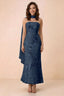 Front studio view of Carey navy strapless floral applique maxi dress with a matching scarf