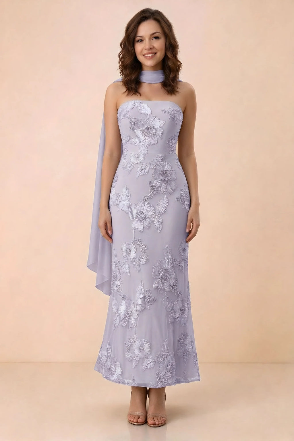 Front studio view of Carey pale purple strapless floral applique maxi dress with a matching scarf