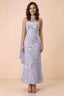 Front studio view of Carey pale purple strapless floral applique maxi dress with a matching scarf