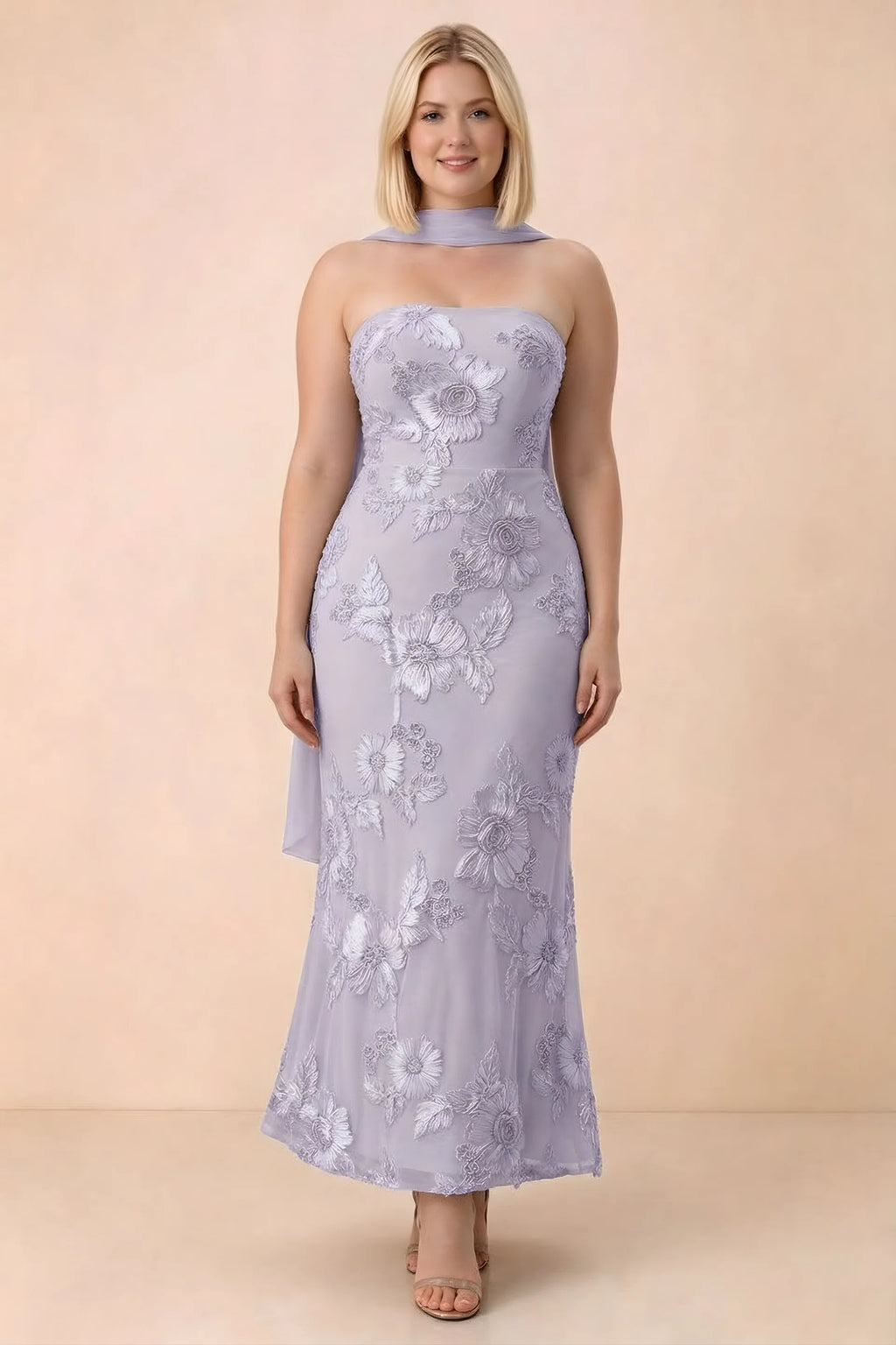 Front studio view of Carey pale purple floral maxi dress with the scarf wrapped around the neck