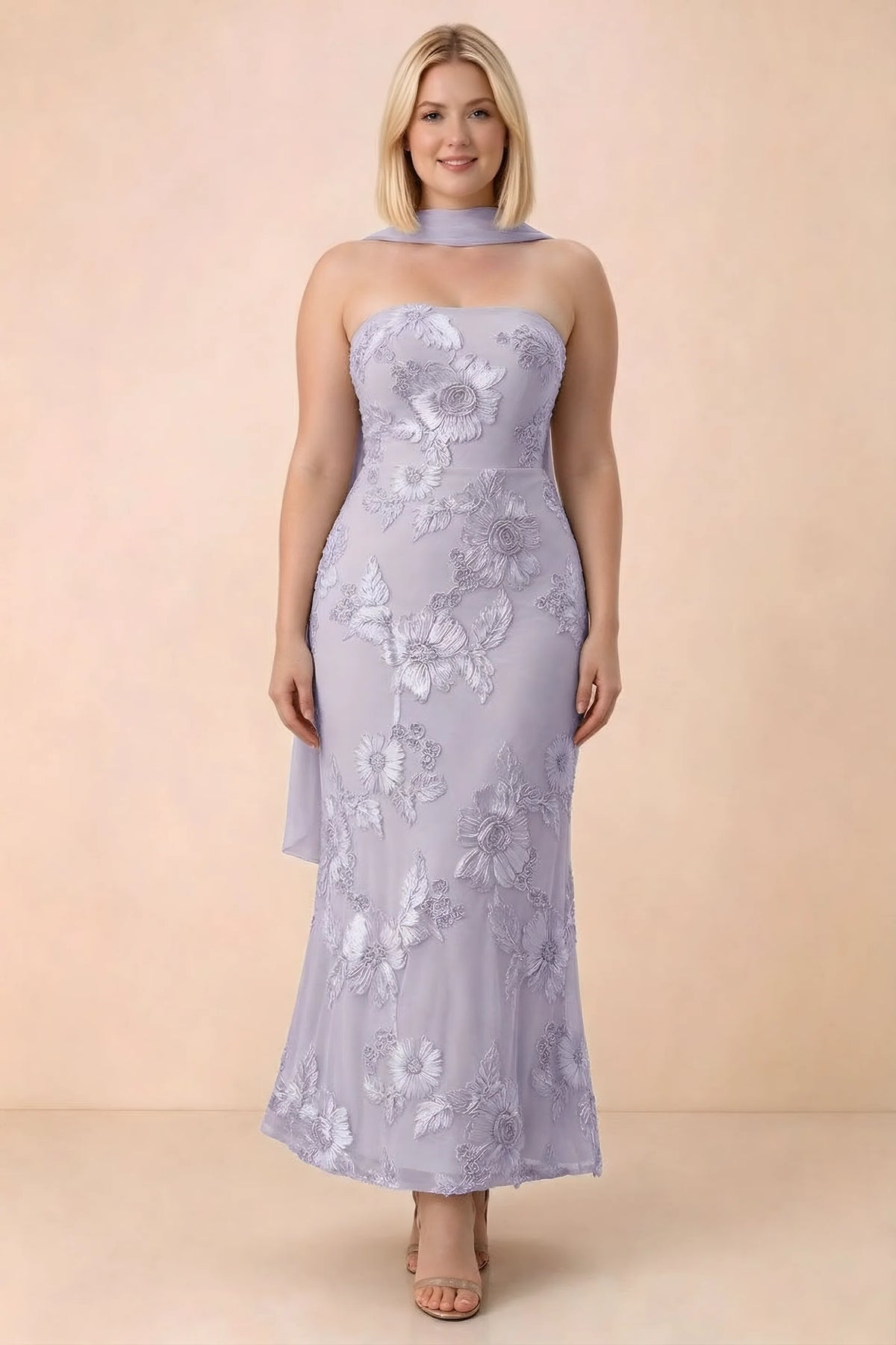 Front studio view of Carey pale purple floral maxi dress with the scarf wrapped around the neck