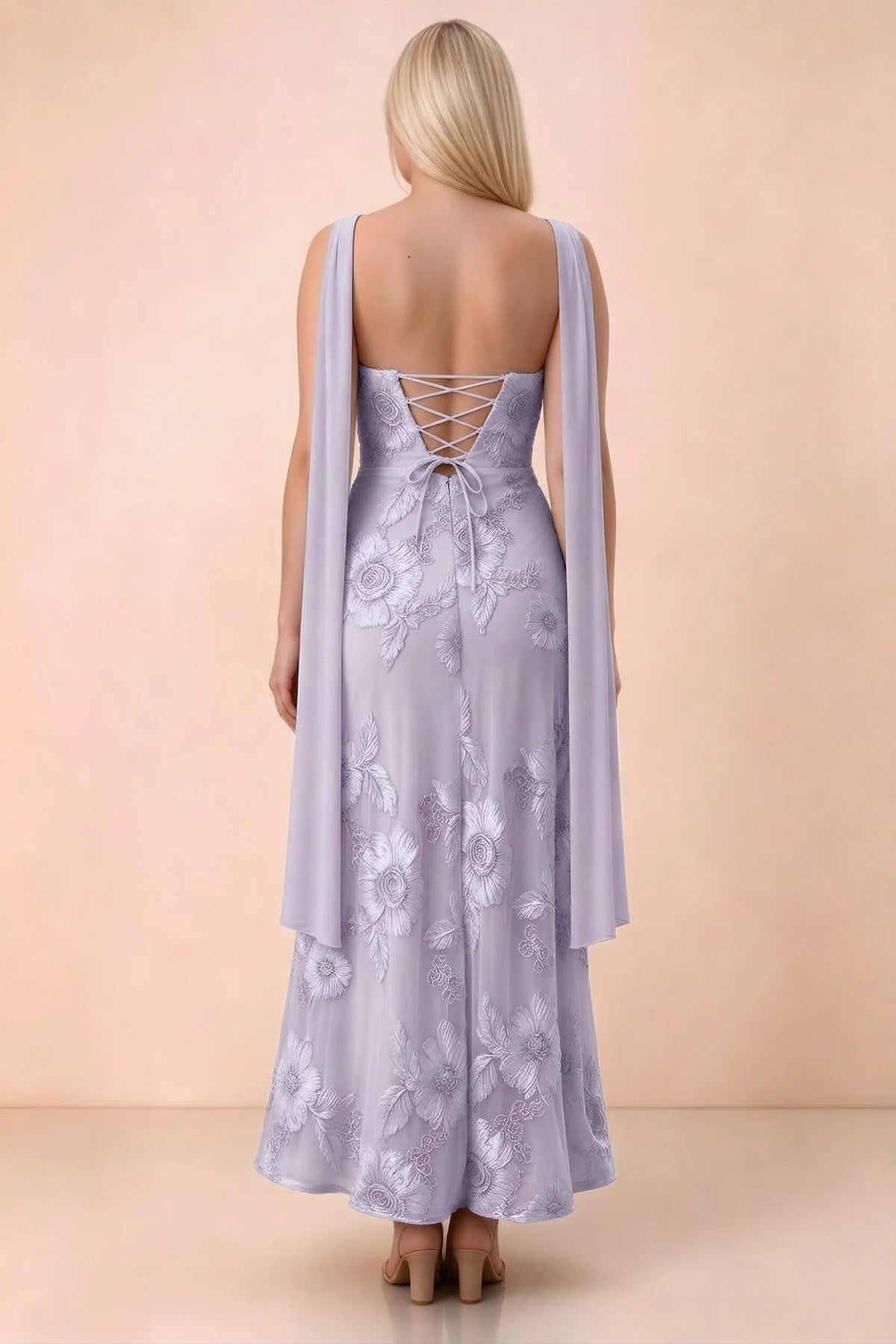 Rear studio view of Carey pale purple dress showing the gently flared ankle-length skirt