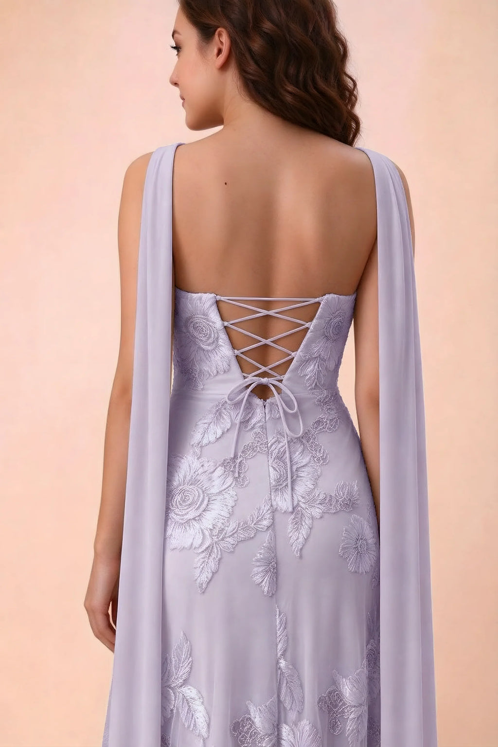 Close-up of Carey pale purple crossed back lacing with scarf ends over the shoulders