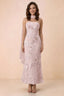 Front studio view of Carey pink strapless floral applique maxi dress with a matching scarf