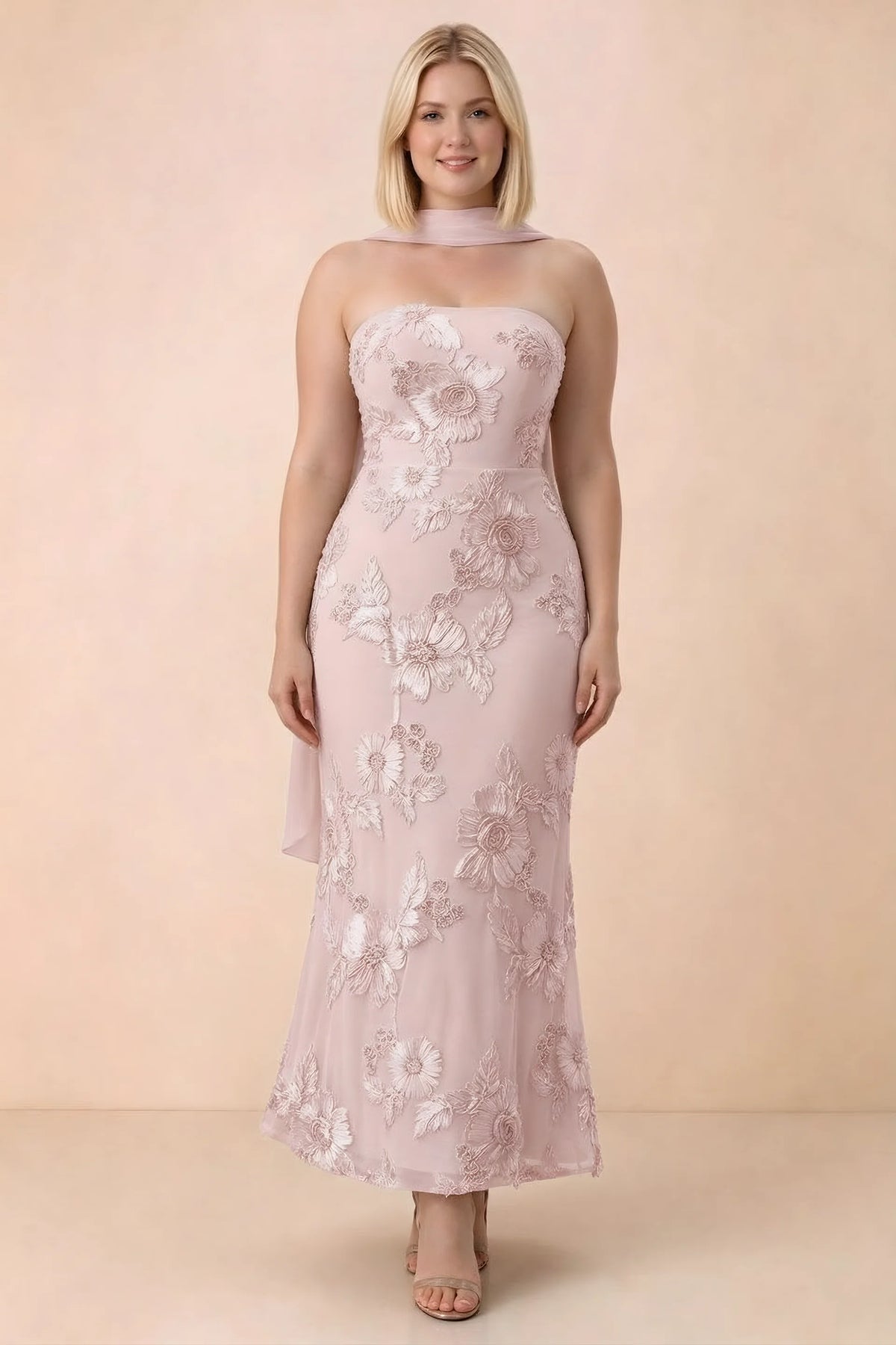 Front studio view of Carey pink floral maxi dress with the scarf wrapped around the neck