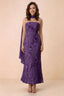 Front studio view of Carey plum strapless floral applique maxi dress with a matching scarf