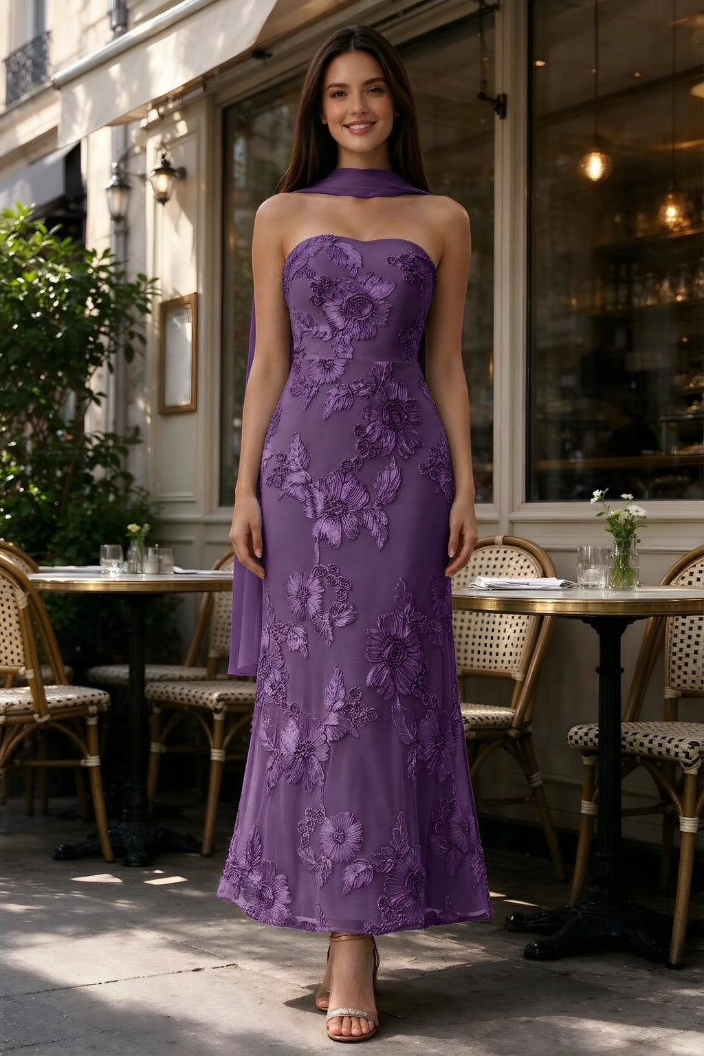 Outdoor front view of Carey plum floral dress and matching scarf outside a cafe