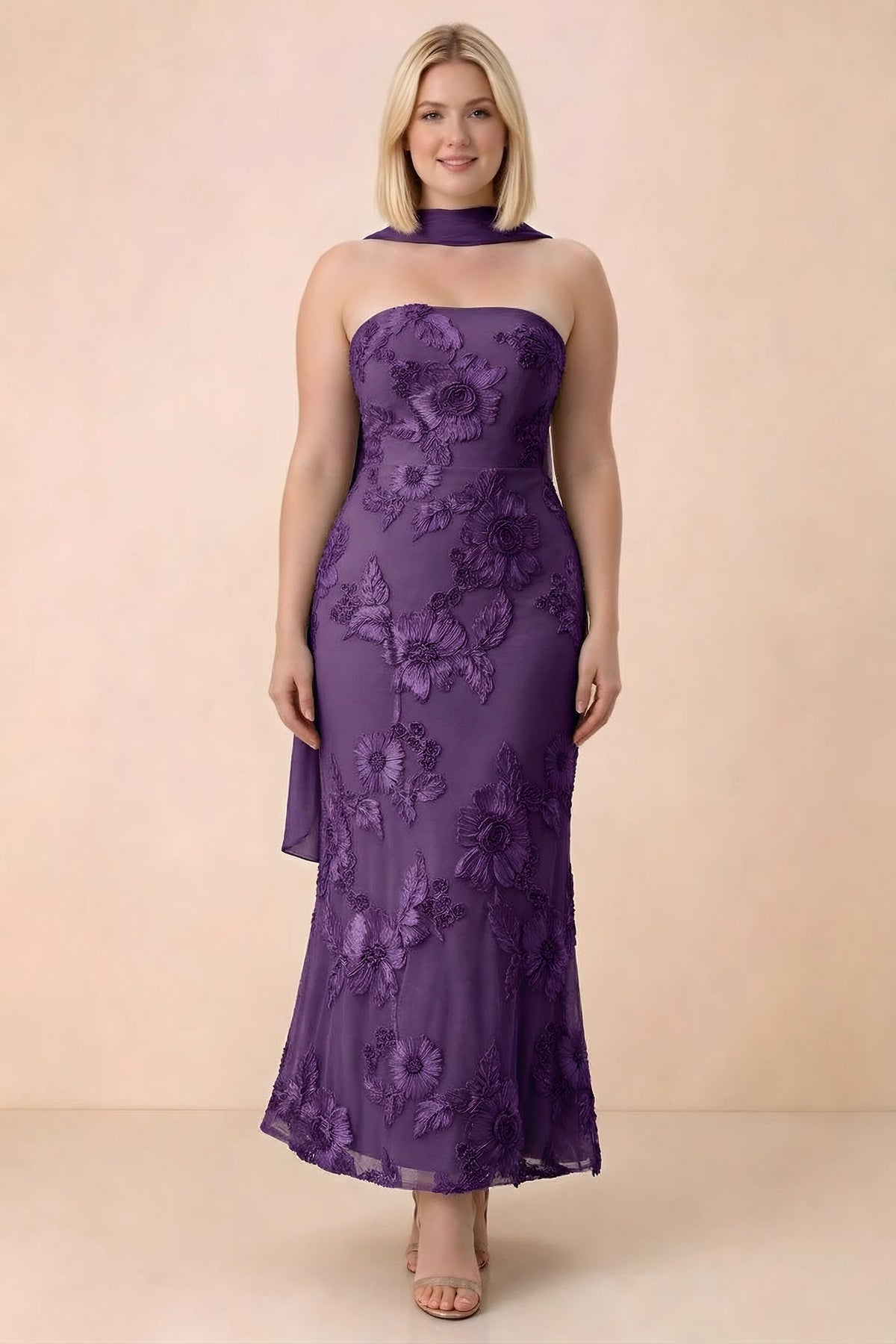 Front studio view of Carey plum floral maxi dress with the scarf wrapped around the neck