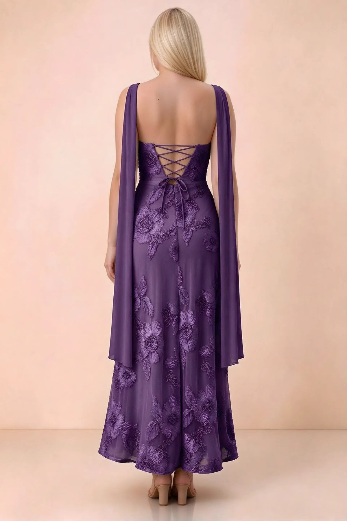 Rear studio view of Carey plum dress showing the gently flared ankle-length skirt