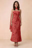 Front studio view of Carey red strapless floral applique maxi dress with a matching scarf