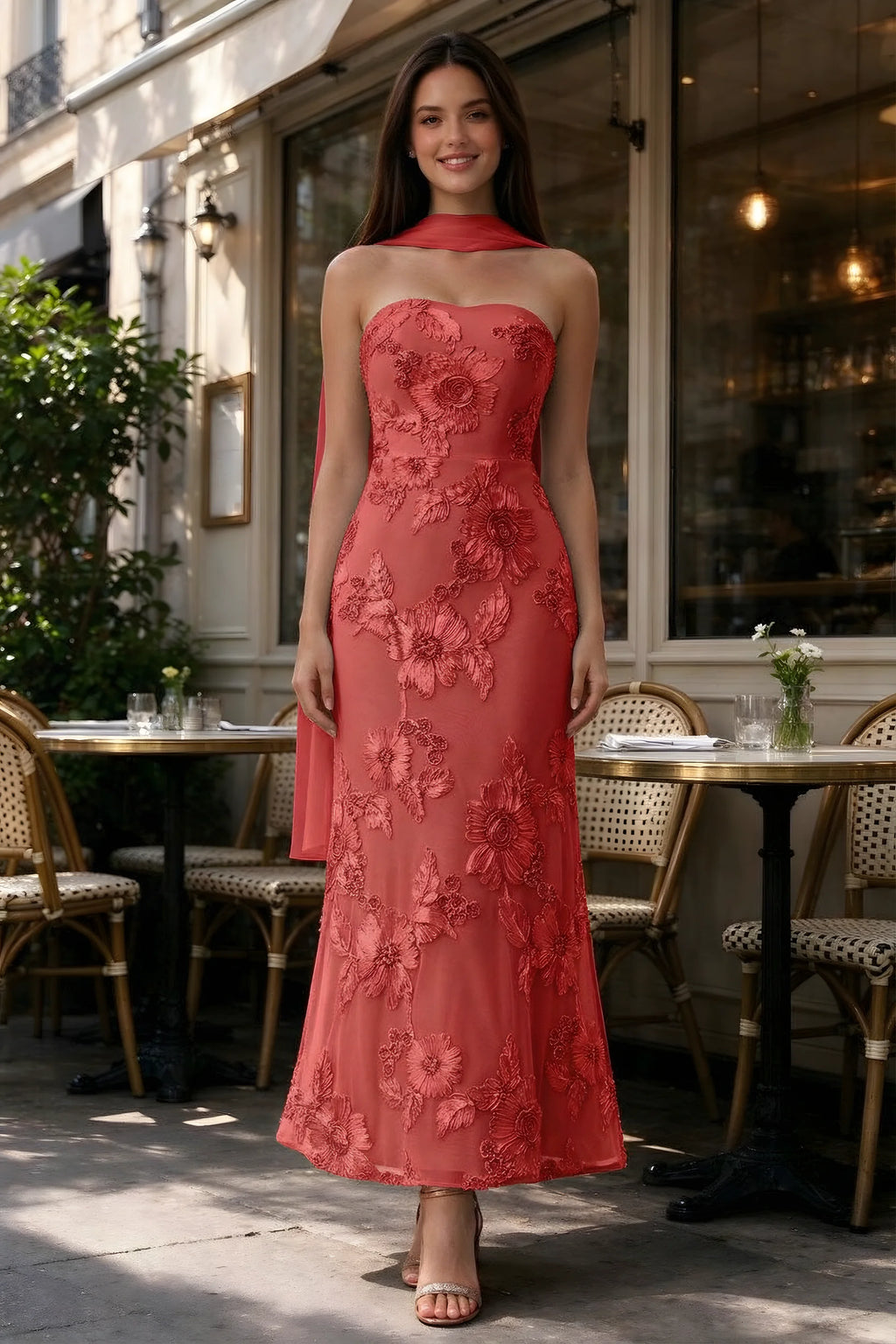 Outdoor front view of Carey red floral dress and matching scarf outside a cafe