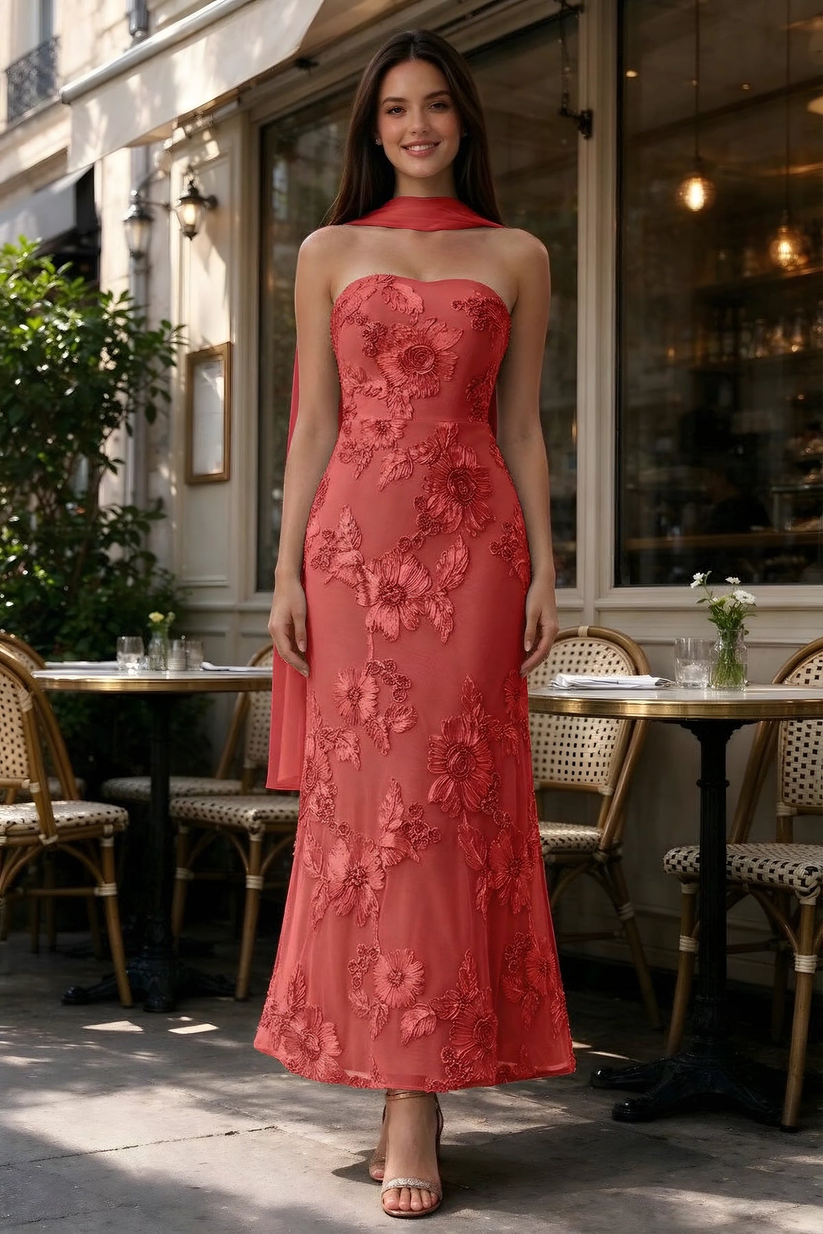 Outdoor front view of Carey red floral dress and matching scarf outside a cafe