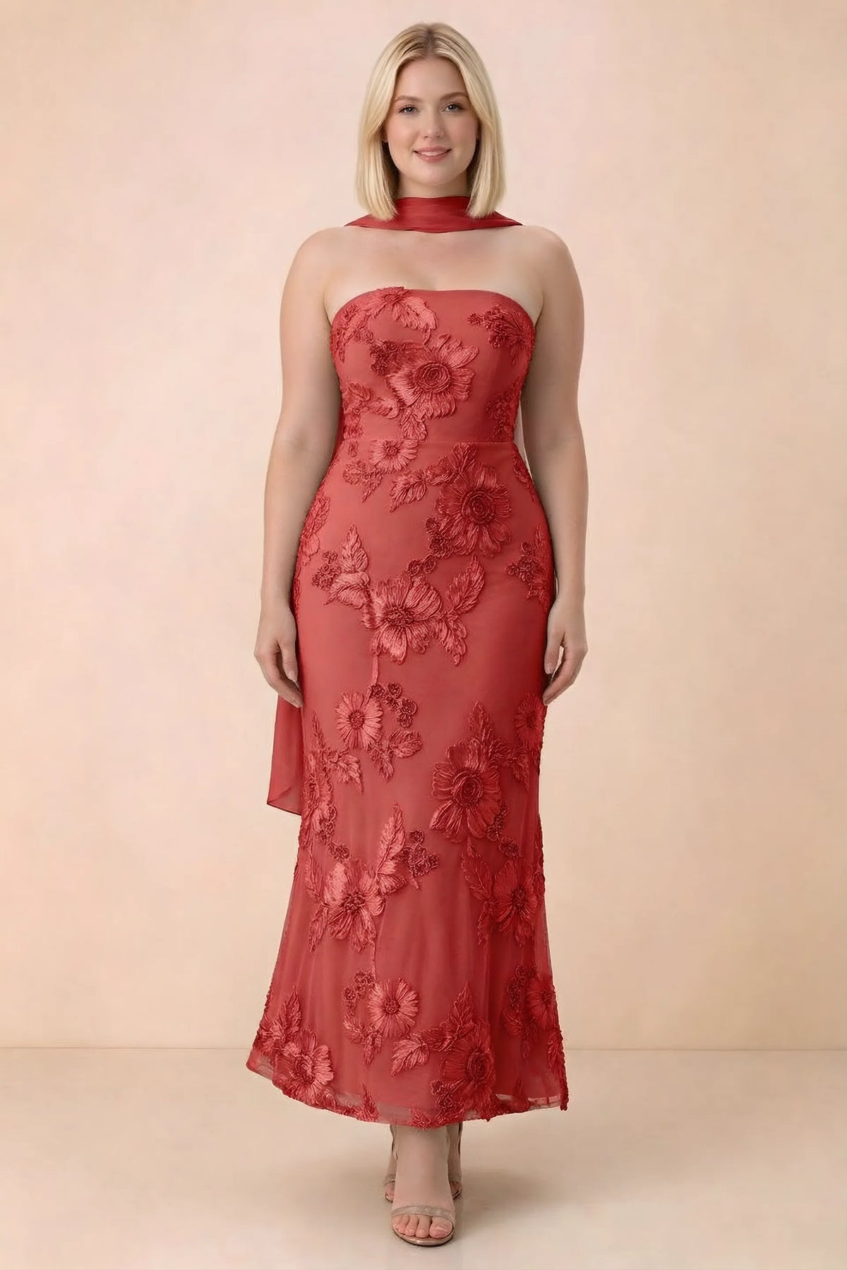 Front studio view of Carey red floral maxi dress with the scarf wrapped around the neck