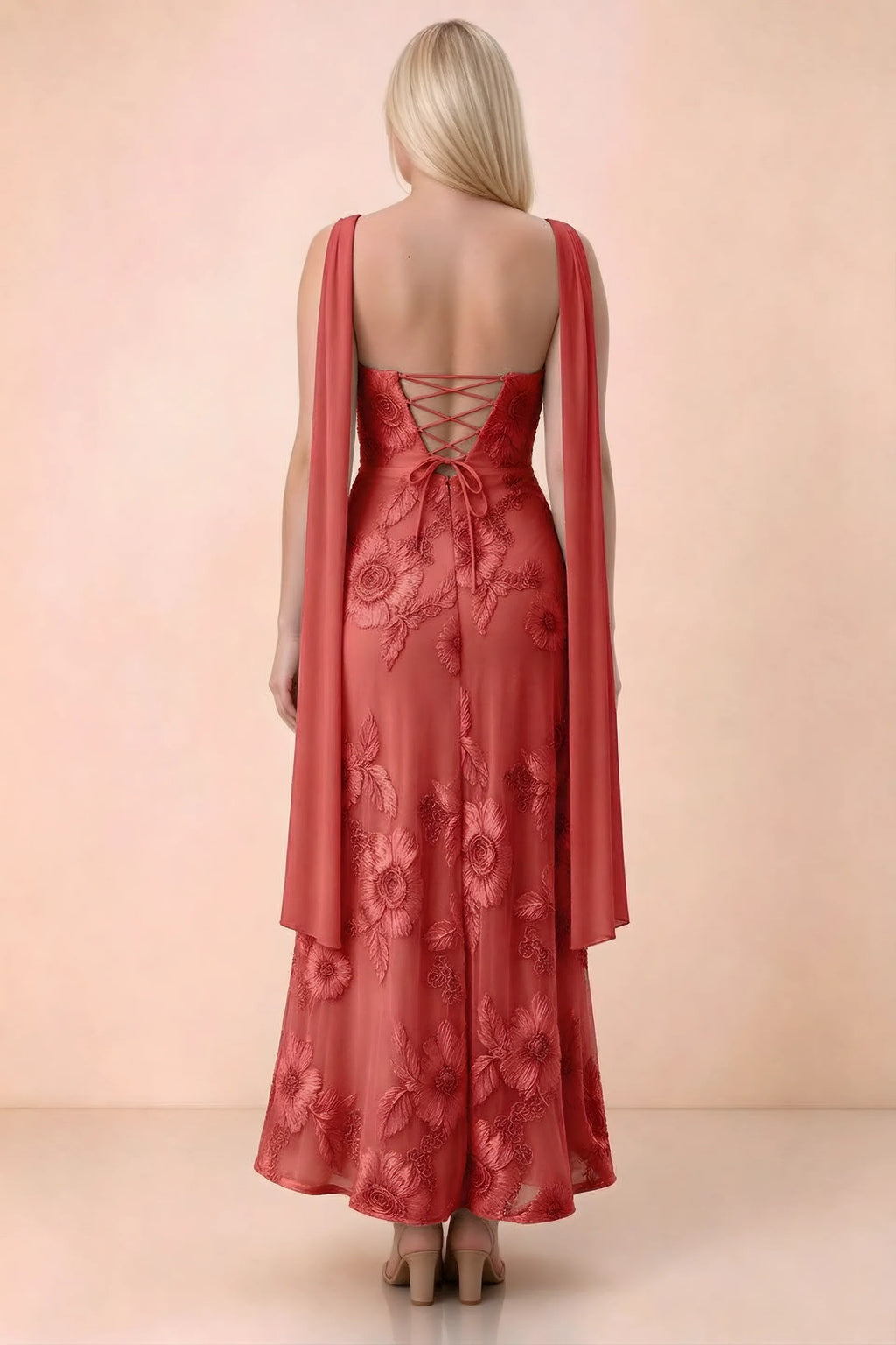 Rear studio view of Carey red dress showing the gently flared ankle-length skirt