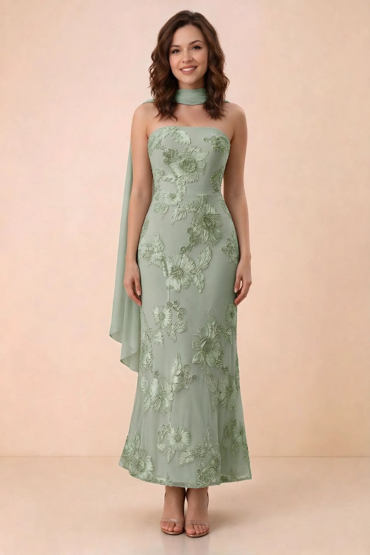 Front studio view of Carey sage green strapless floral applique maxi dress with a matching scarf