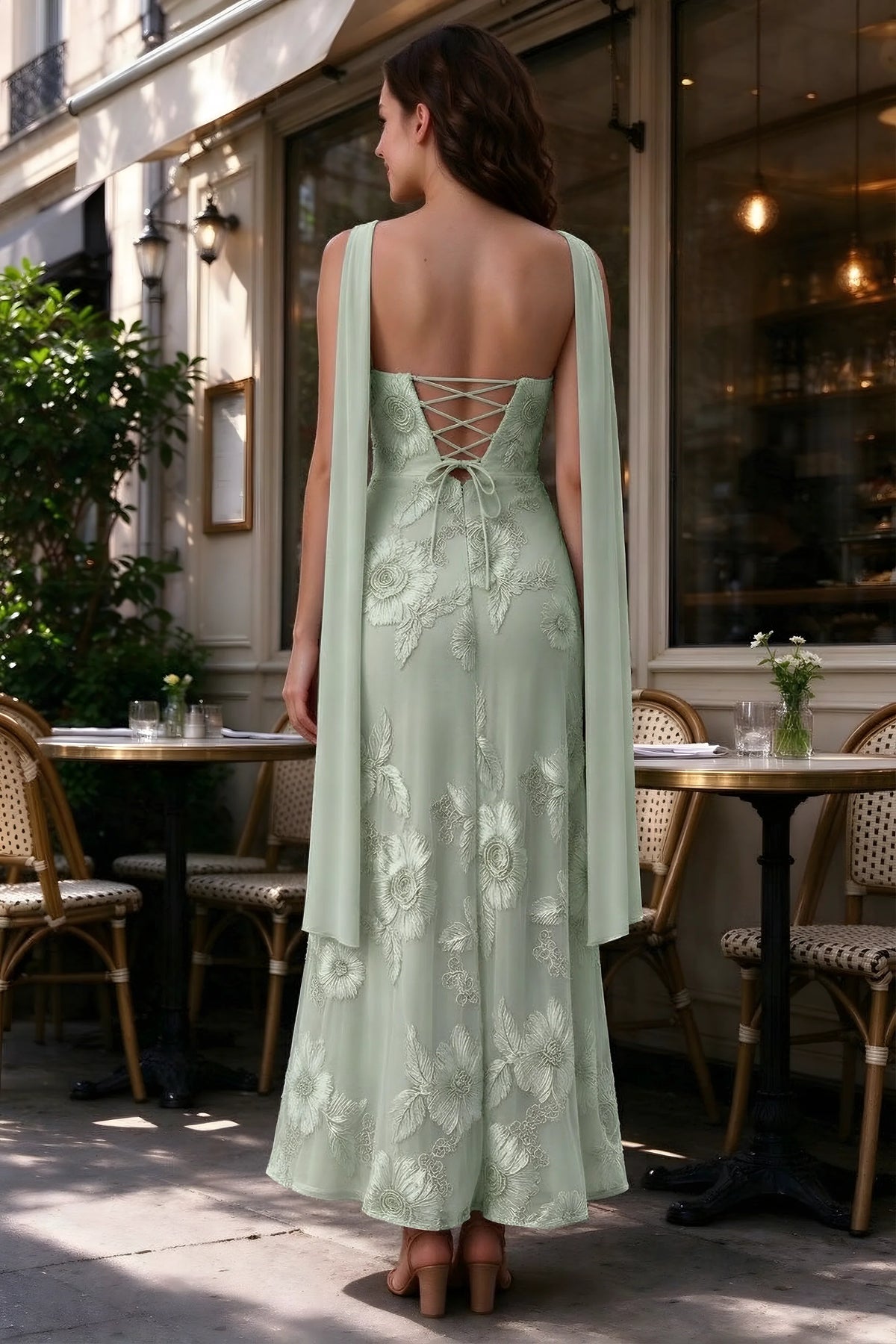 Outdoor rear view of Carey sage green dress showing the lace-up back and long scarf ends