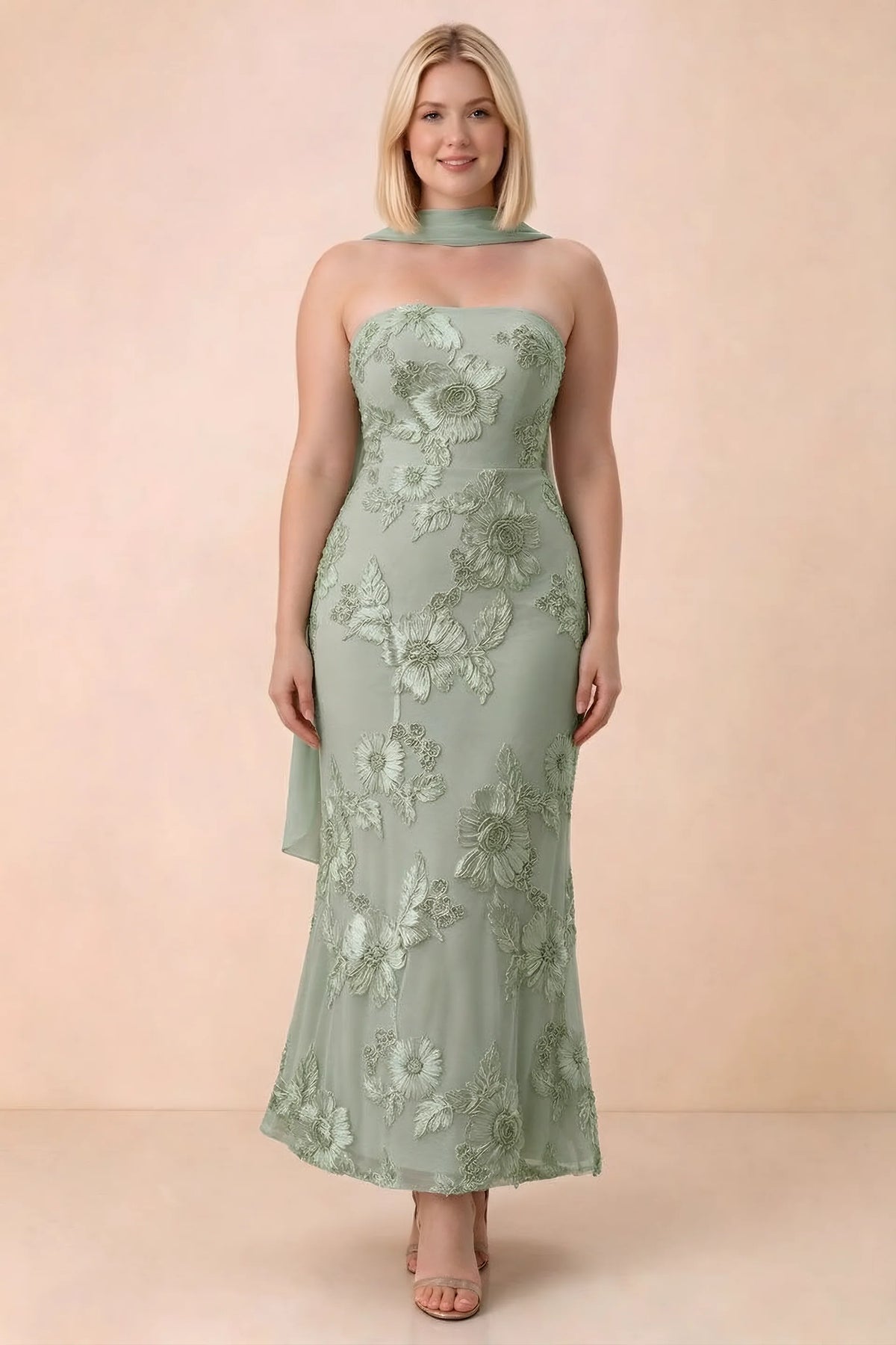 Front studio view of Carey sage green floral maxi dress with the scarf wrapped around the neck
