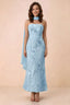 Front studio view of Carey sky blue strapless floral applique maxi dress with a matching scarf