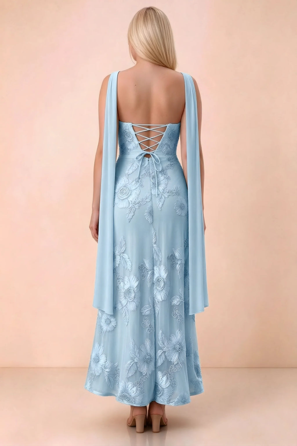 Rear studio view of Carey sky blue dress showing the gently flared ankle-length skirt