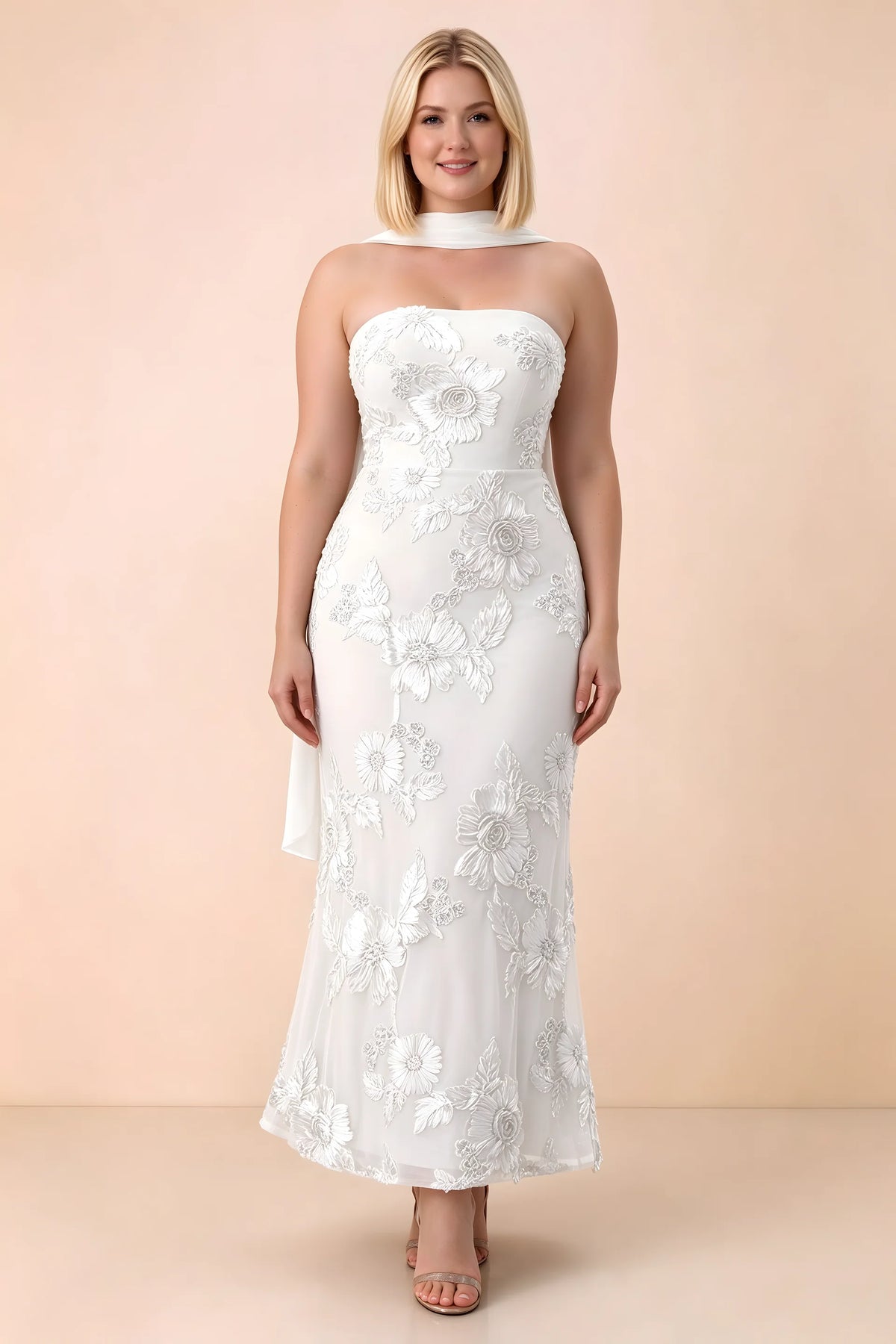 Front studio view of Carey white floral maxi dress with the scarf wrapped around the neck