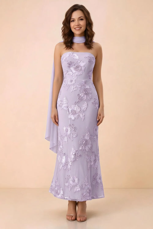 Front studio view of Carey wisteria strapless floral applique maxi dress with a matching scarf