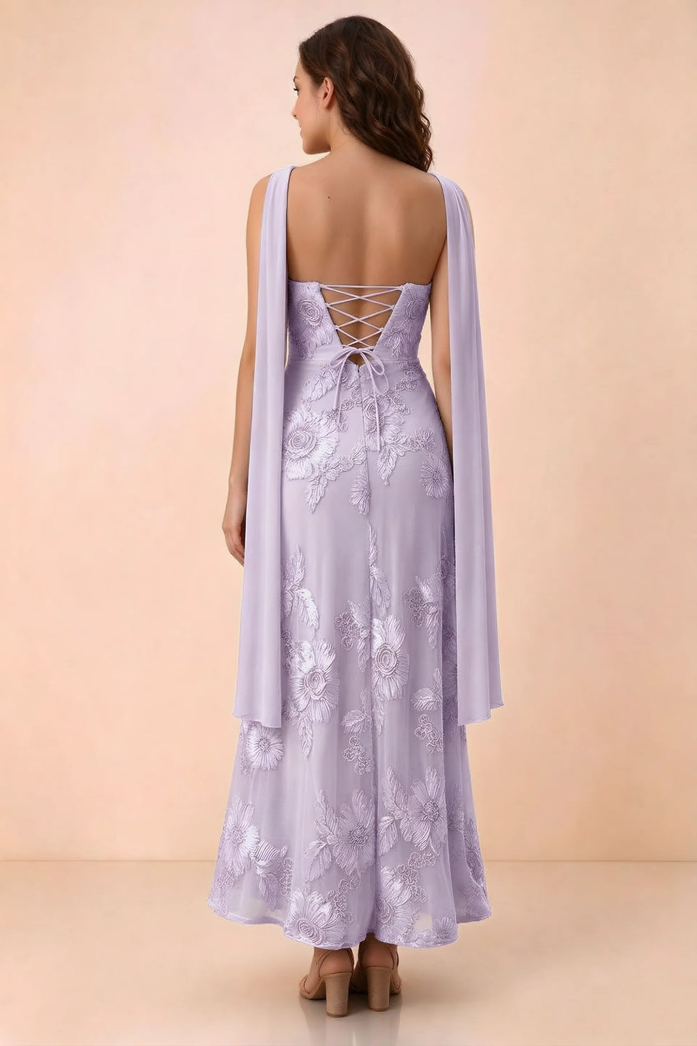 Translation missing: en.Rear studio view of Carey wisteria dress showing crossed back lacing and scarf ends draped over the shoulders content.product_image_secondary