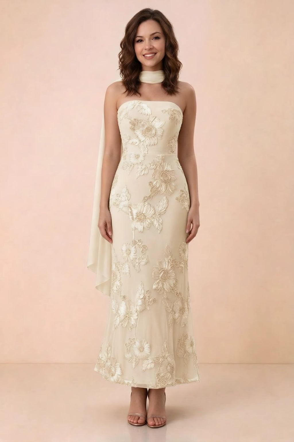 Front studio view of Carey yellow strapless floral applique maxi dress with a matching scarf