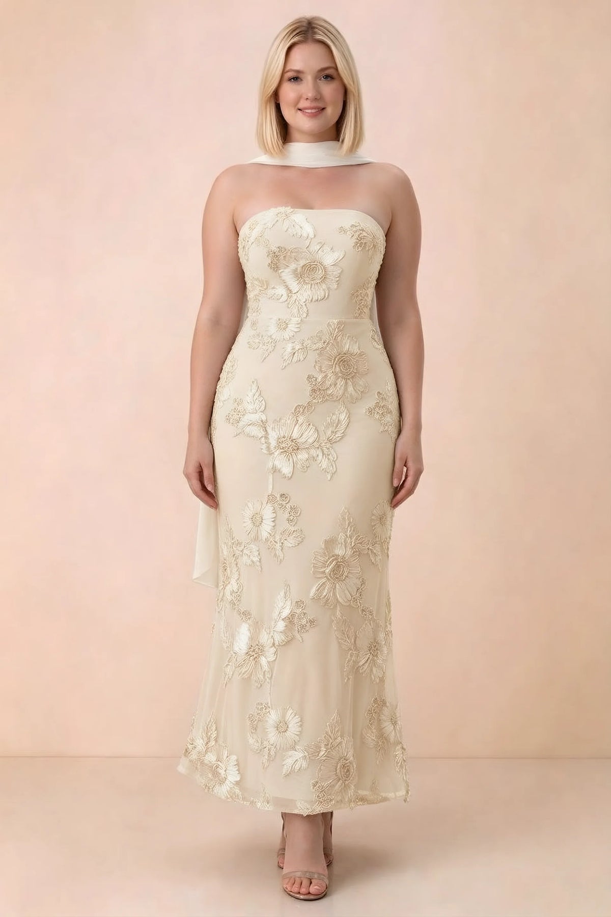 Front studio view of Carey yellow floral maxi dress with the scarf wrapped around the neck